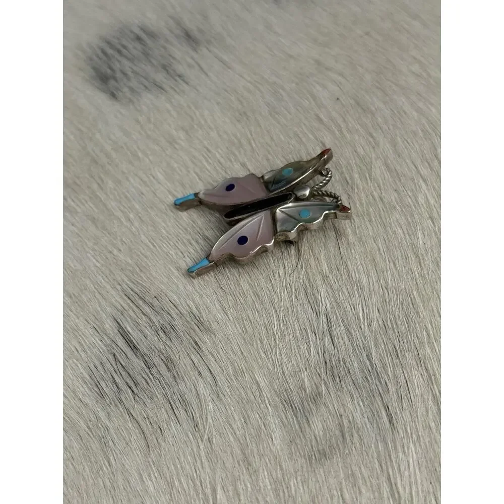 Zuni Sterling Silver VE inlay Butterfly Pendant Pin Turquoise Coral Shell Onyx